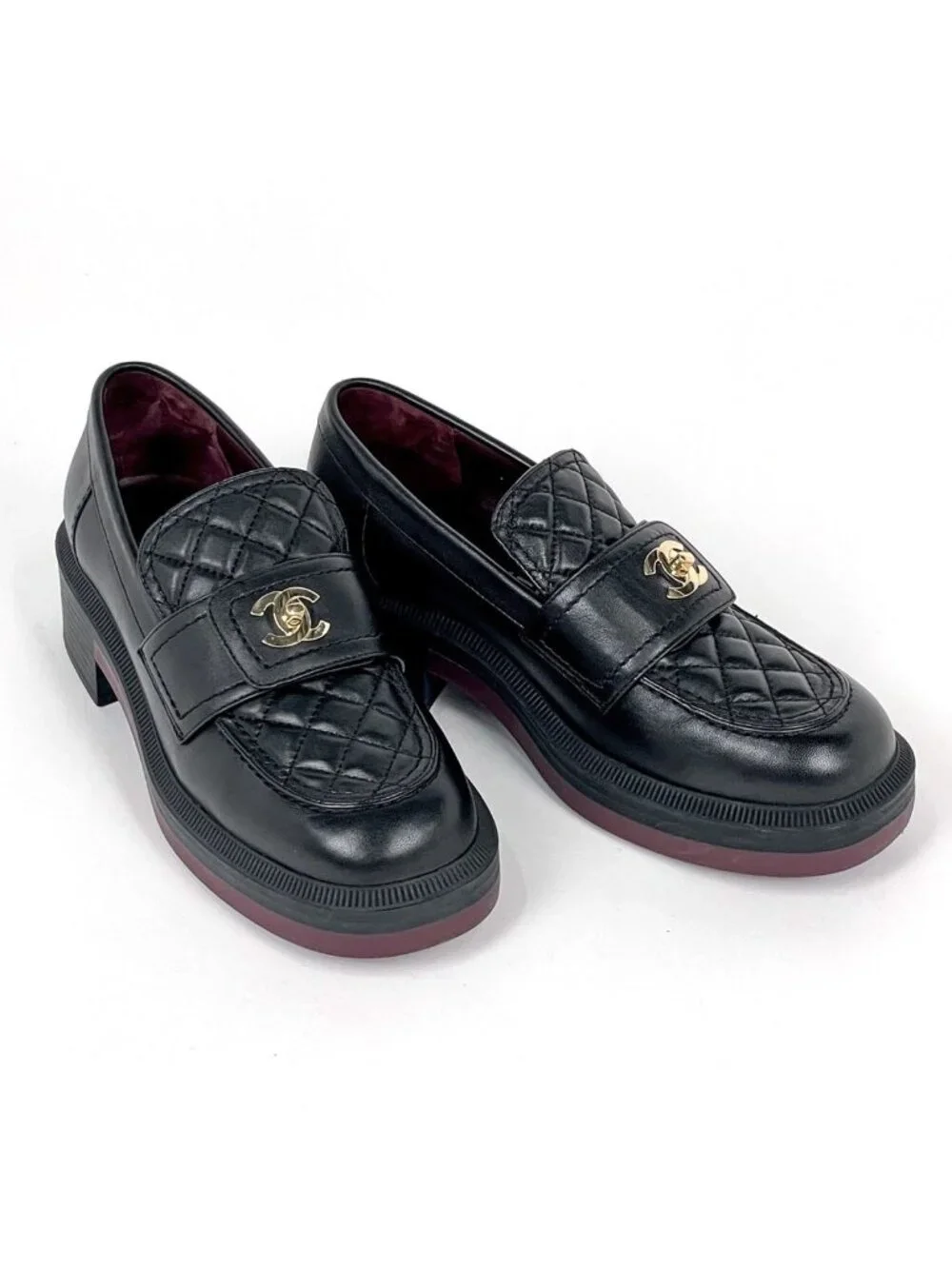 Chanel CC Logo Loafers Shoes Quilted Leather Black